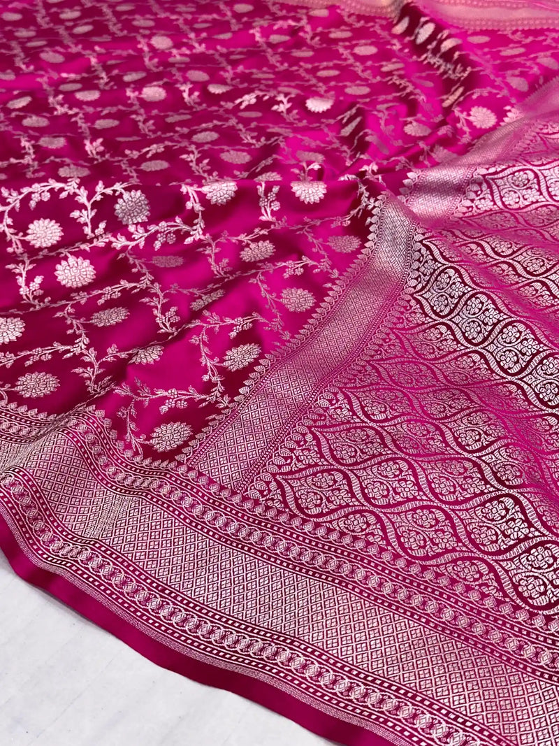 Rani Pink Shade Intricately Weaved Mashru Katan Silk Banarasi Saree with Heritage Floral Weave