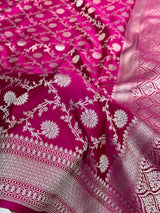 Rani Pink Shade Intricately Weaved Mashru Katan Silk Banarasi Saree with Heritage Floral Weave