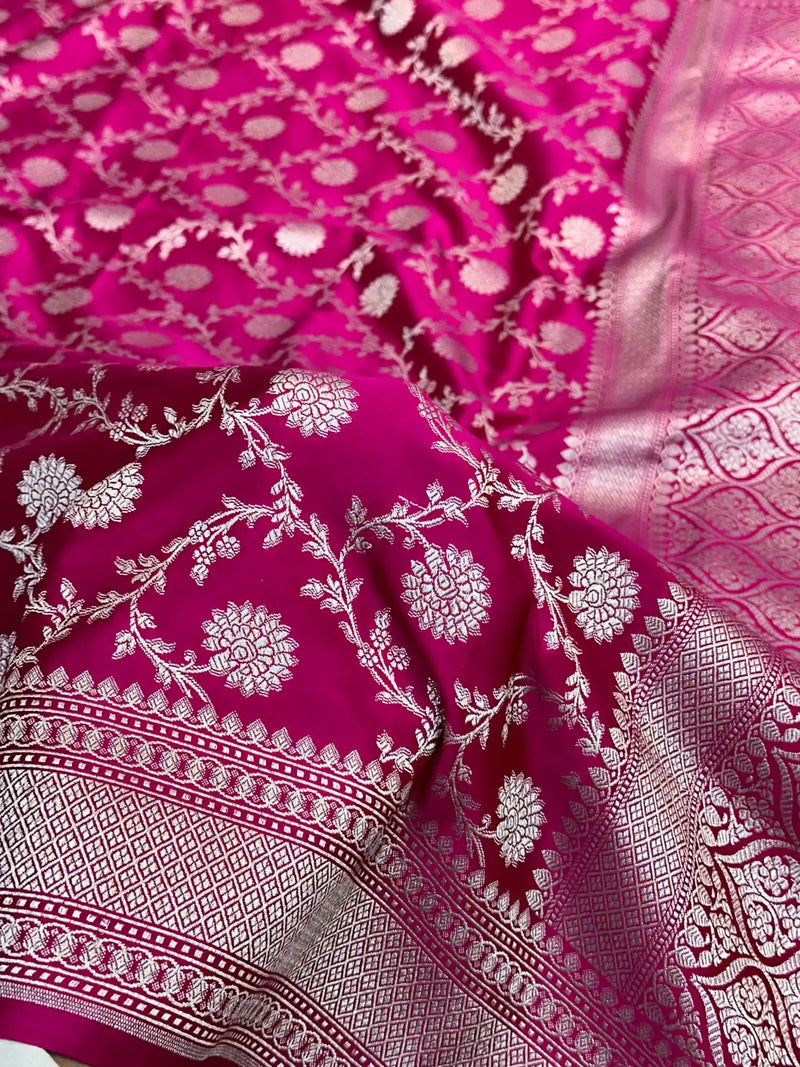 Rani Pink Shade Intricately Weaved Mashru Katan Silk Banarasi Saree with Heritage Floral Weave