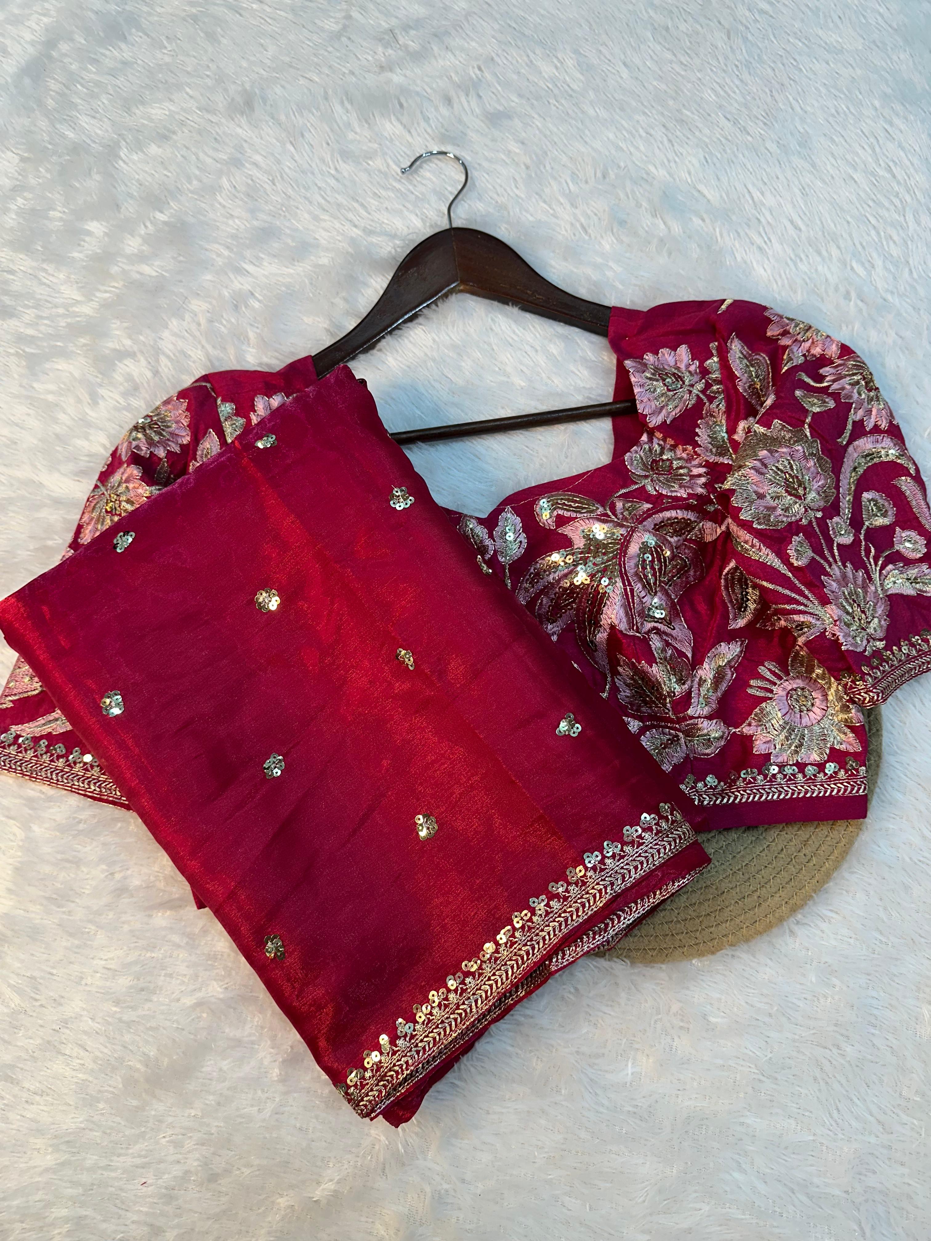 Rani Pink Shimmery Tissue Designer Saree
