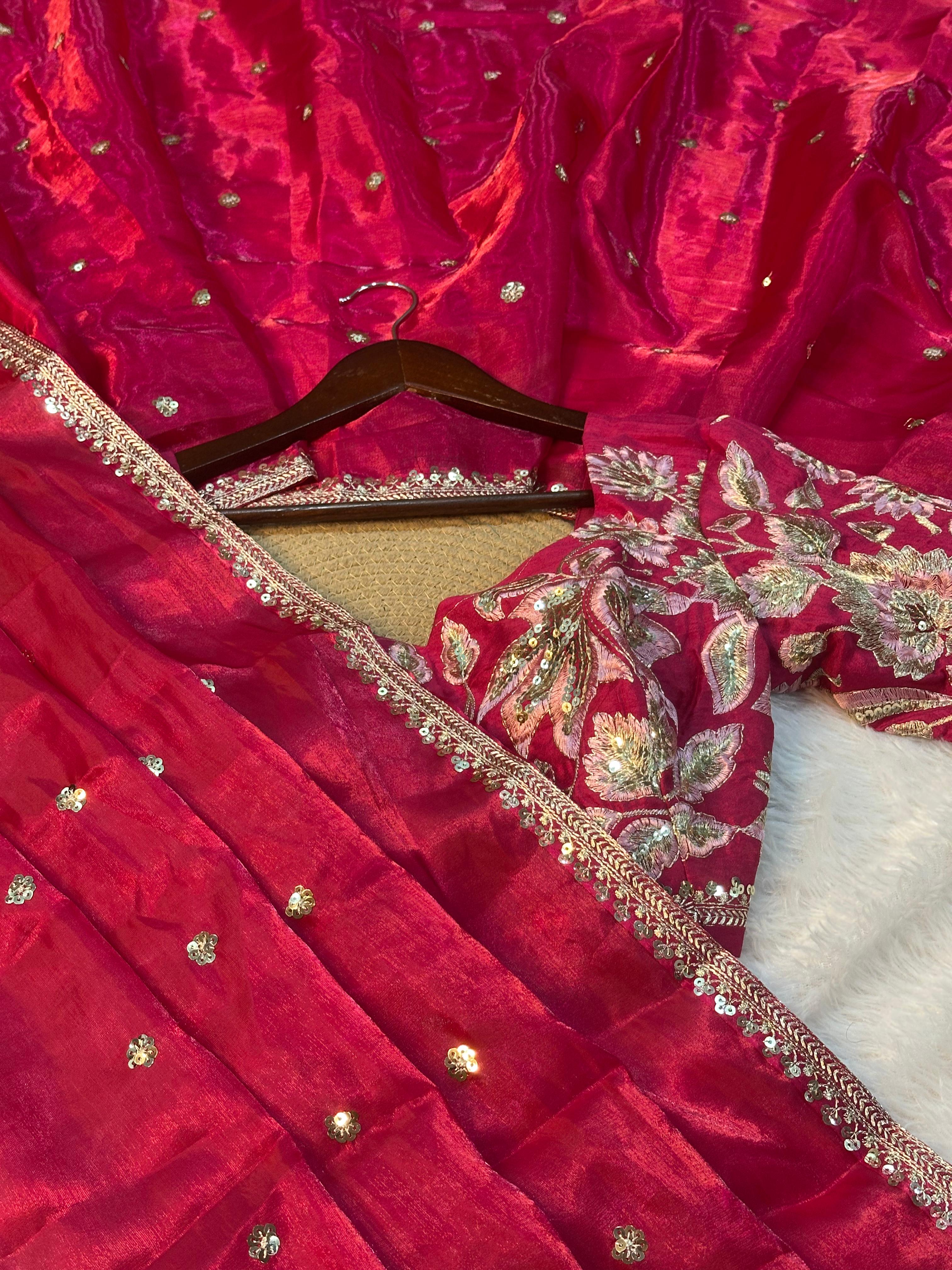 Rani Pink Shimmery Tissue Designer Saree