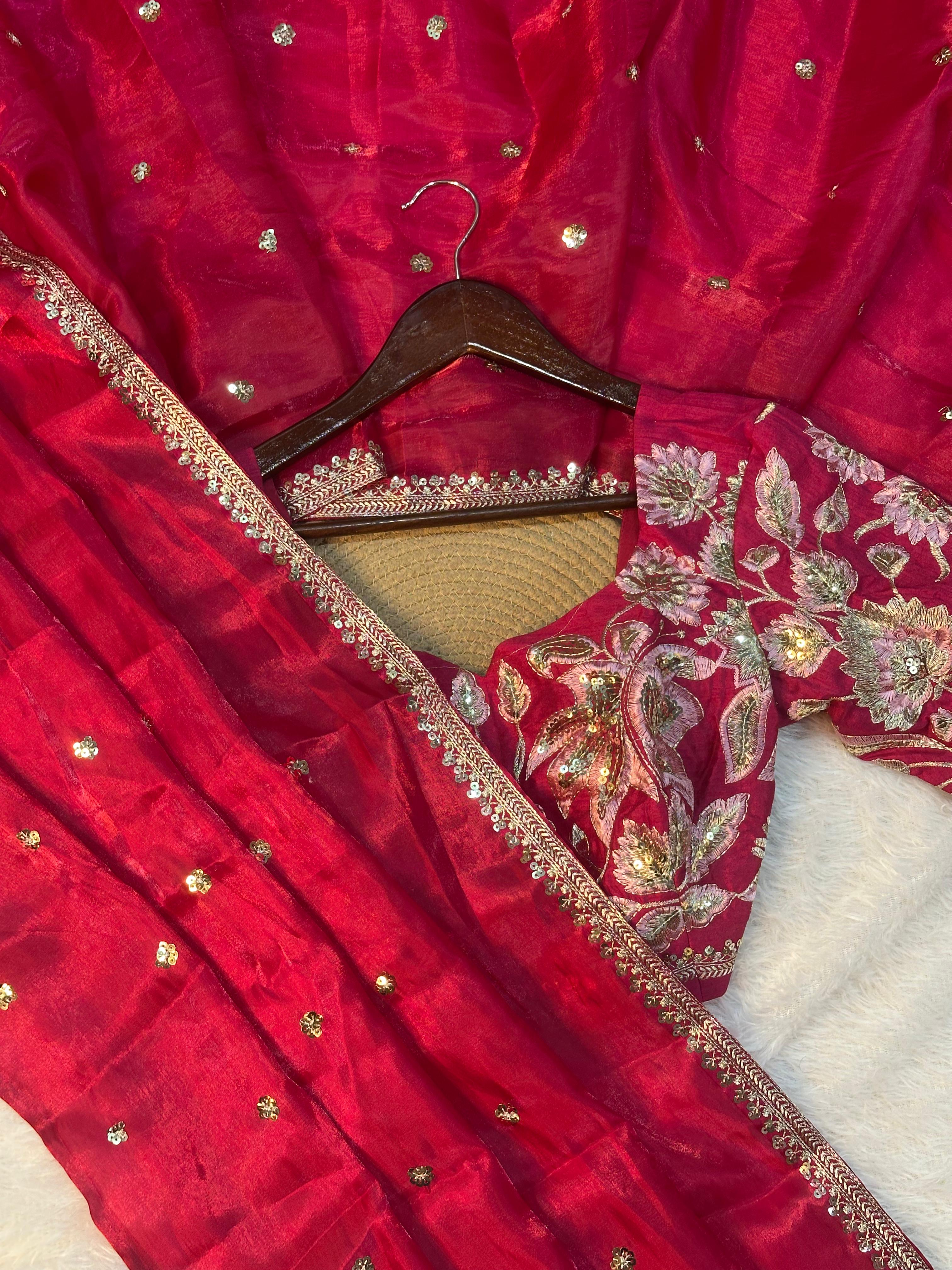 Rani Pink Shimmery Tissue Designer Saree