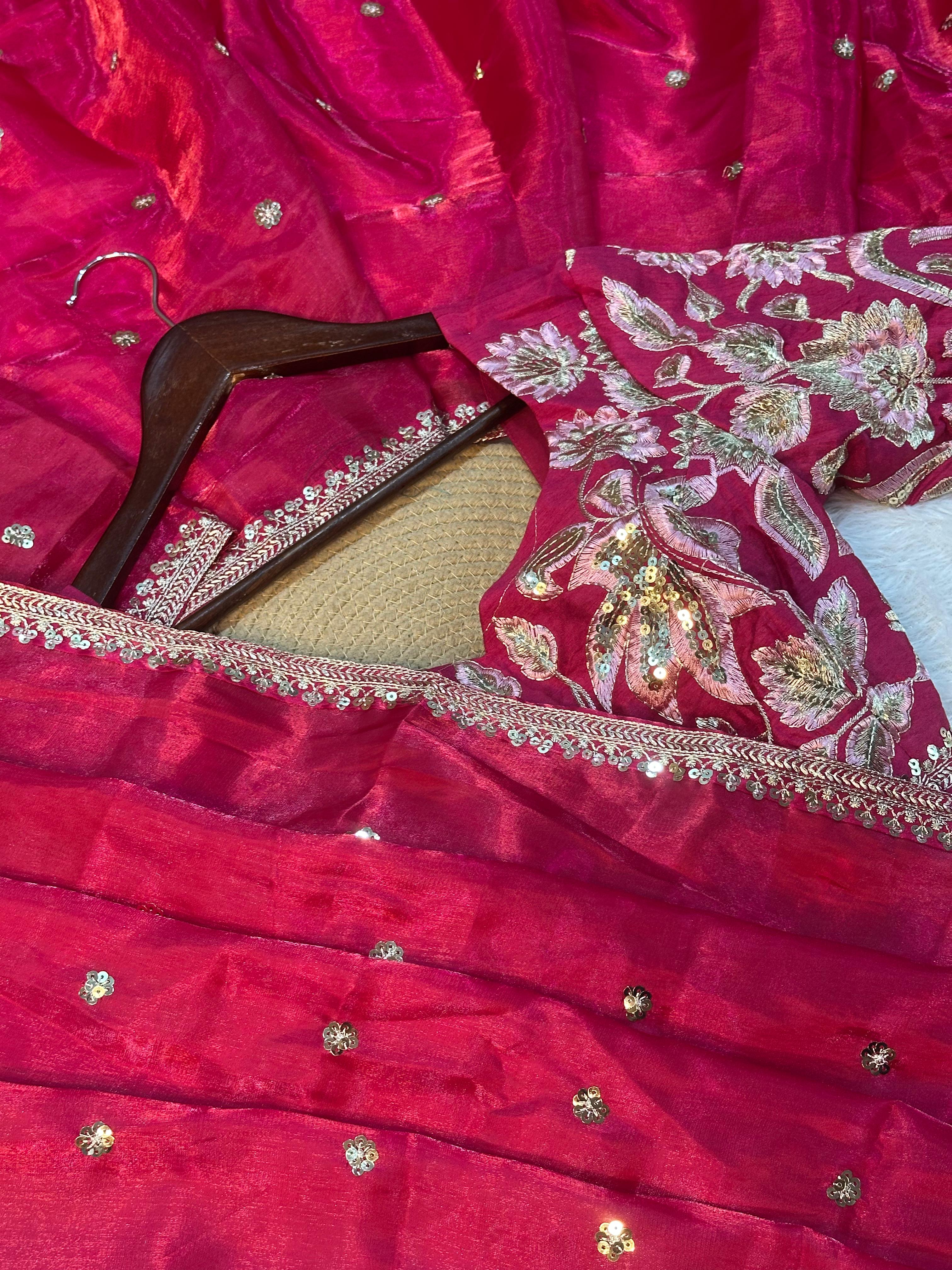 Rani Pink Shimmery Tissue Designer Saree