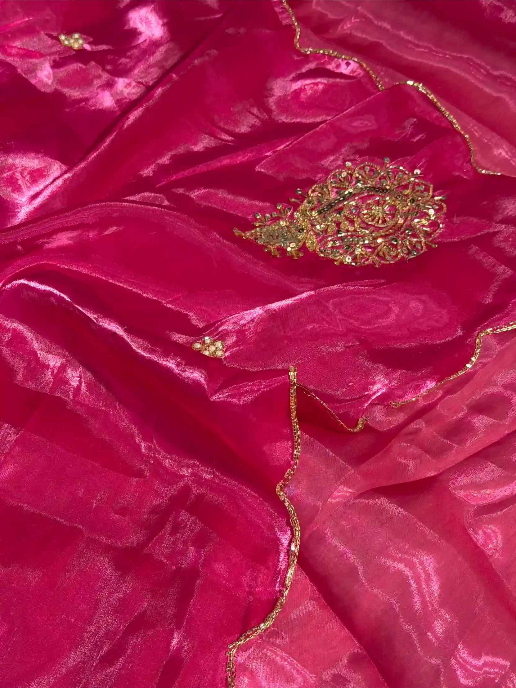 Rani Pink Shimmery Tissue Handwork Saree
