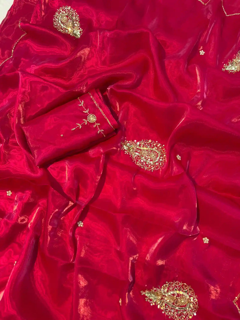 Rani Pink Shimmery Tissue Silk Designer Saree