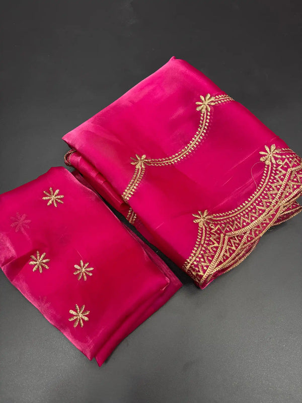 Rani Pink Shimmery Tissue Silk Saree 