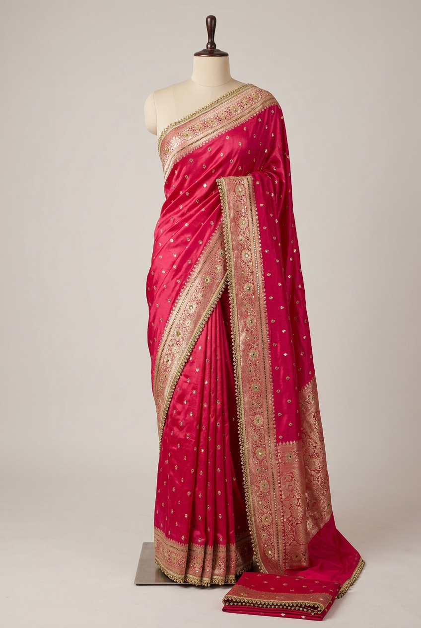 Rani Pink Soft Georgette Ghungroo Mirror Work Saree