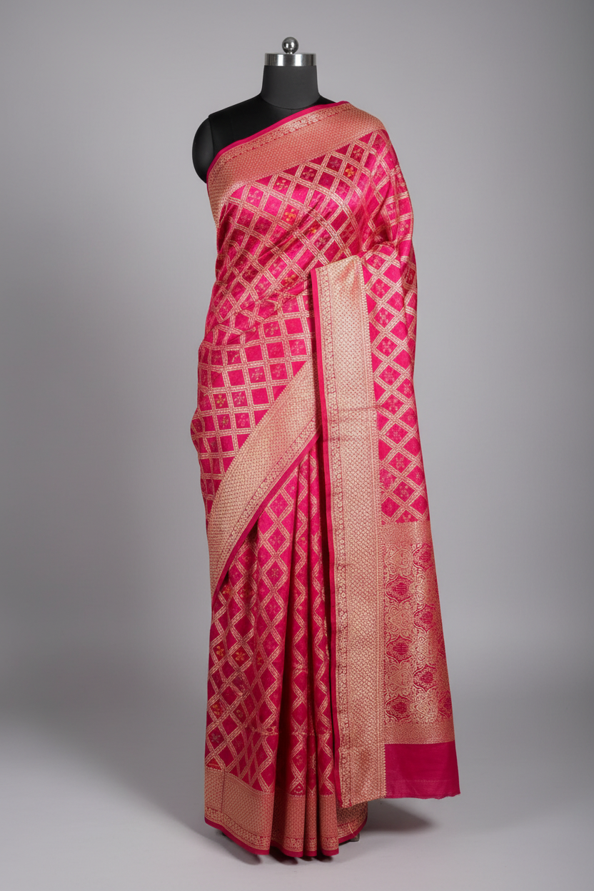Rani Pink Soft Georgette Silk Bandhani Banarasi Saree