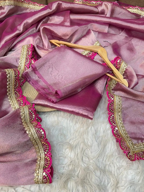 Rani Pink Soft Tissue Silk Banarasi Saree with Designer Lace Work