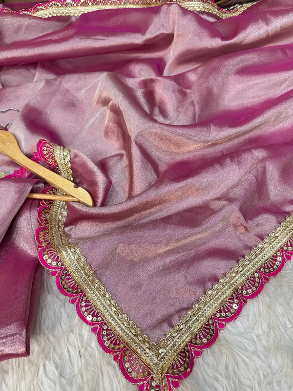 Rani Pink Soft Tissue Silk Banarasi Saree with Designer Lace Work