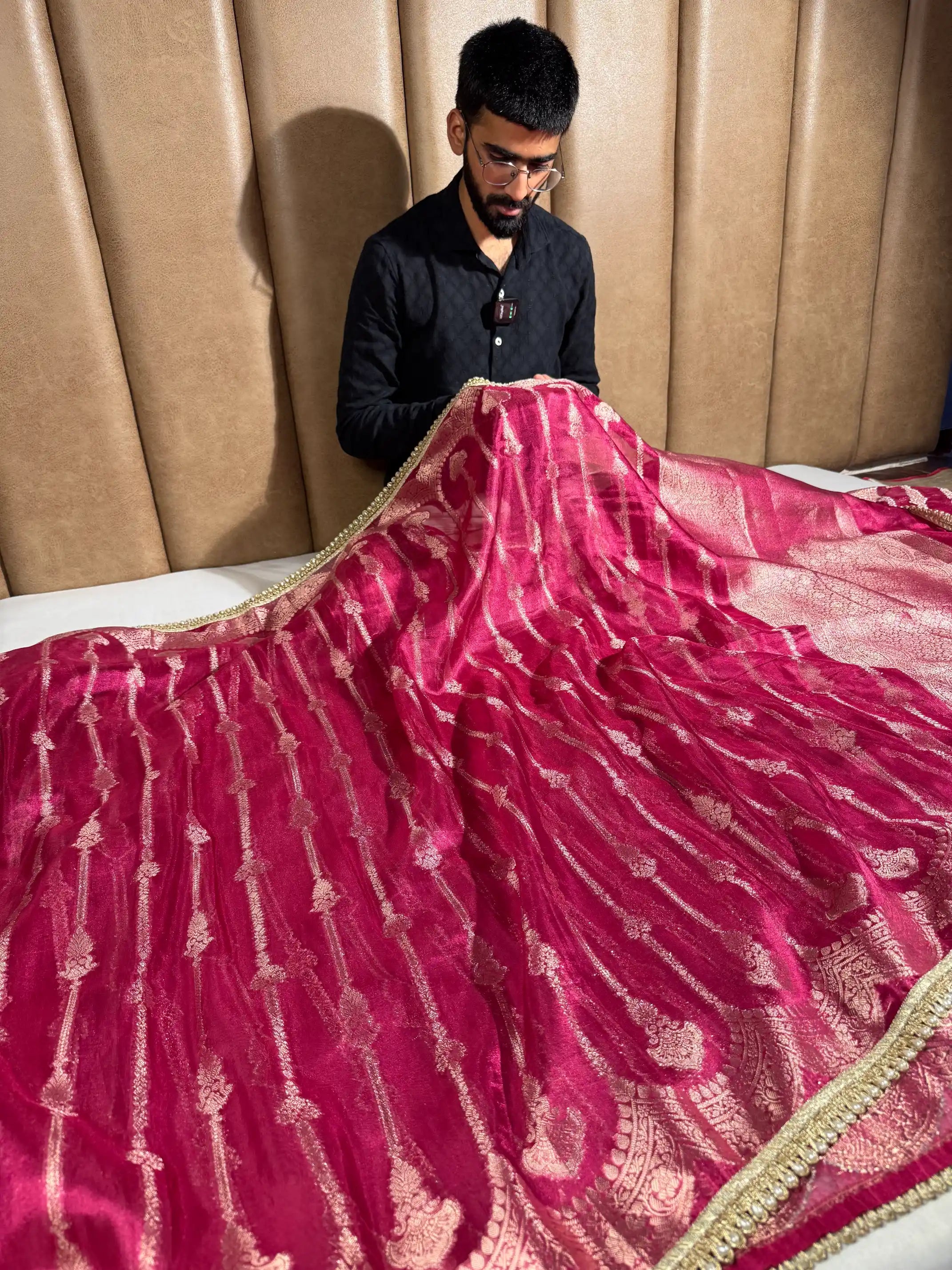 Rani Pink Soft Tissue Silk Heritage Weave Lace Work Banarasi Saree