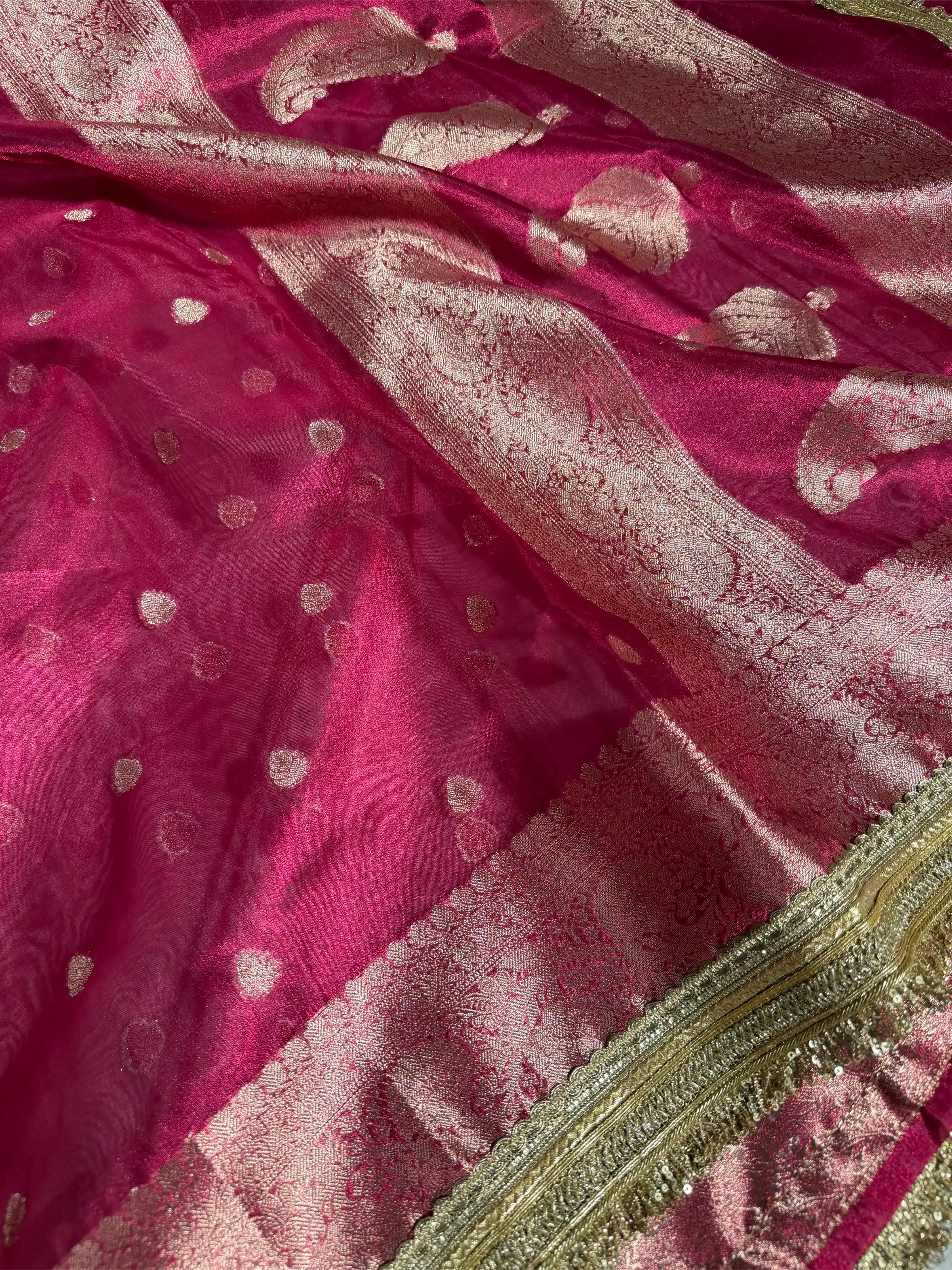 Rani Pink Tissue Silk Designer Lace Attached Banarasi Saree