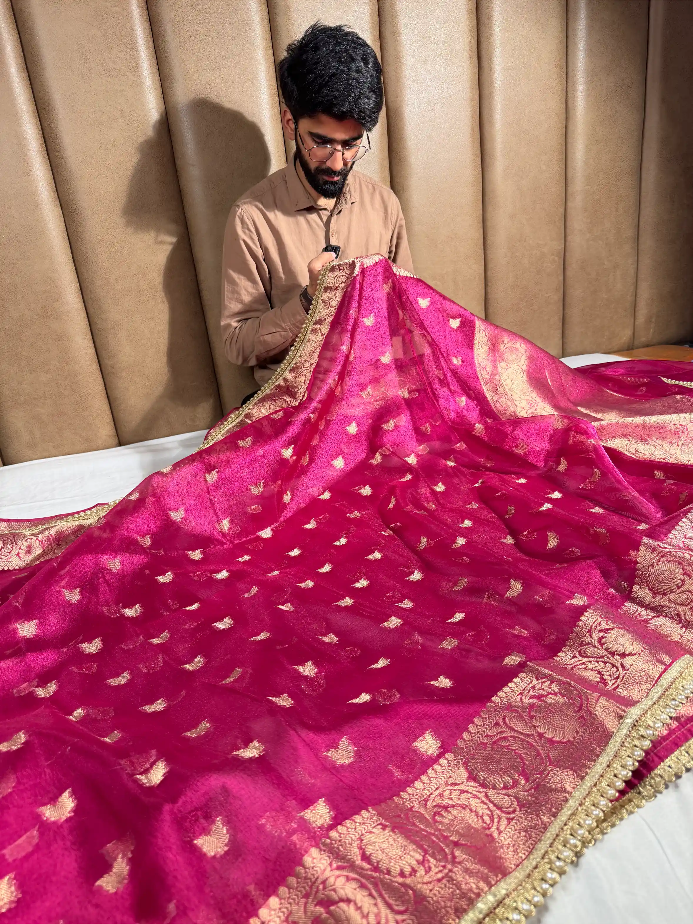 Rani Pink Tissue Silk Designer Lace Work Banarasi Saree