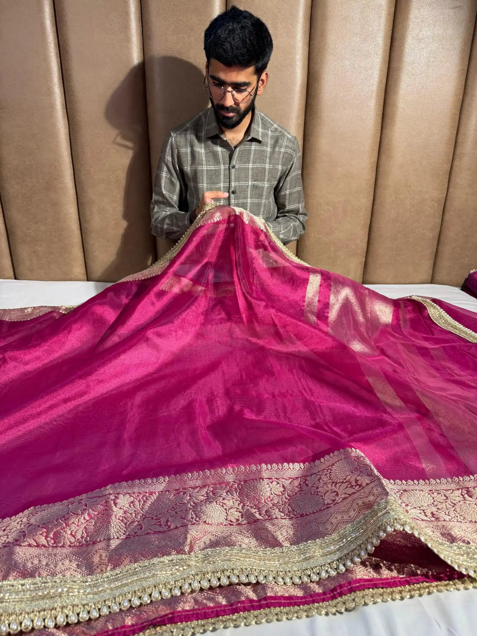 Rani Pink Tissue Silk Designer Moti Lace Work Banarasi Saree