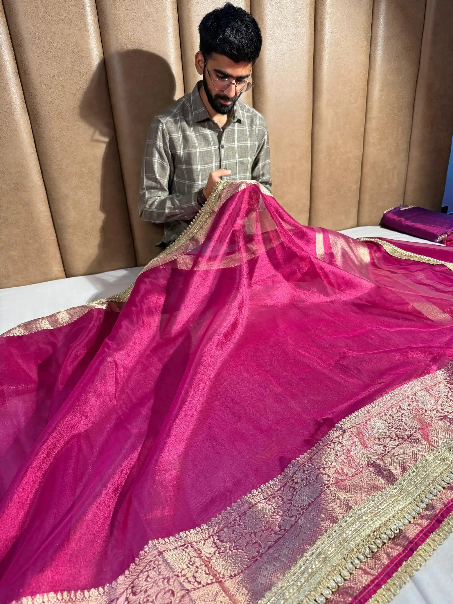 Rani Pink Tissue Silk Designer Moti Lace Work Banarasi Saree