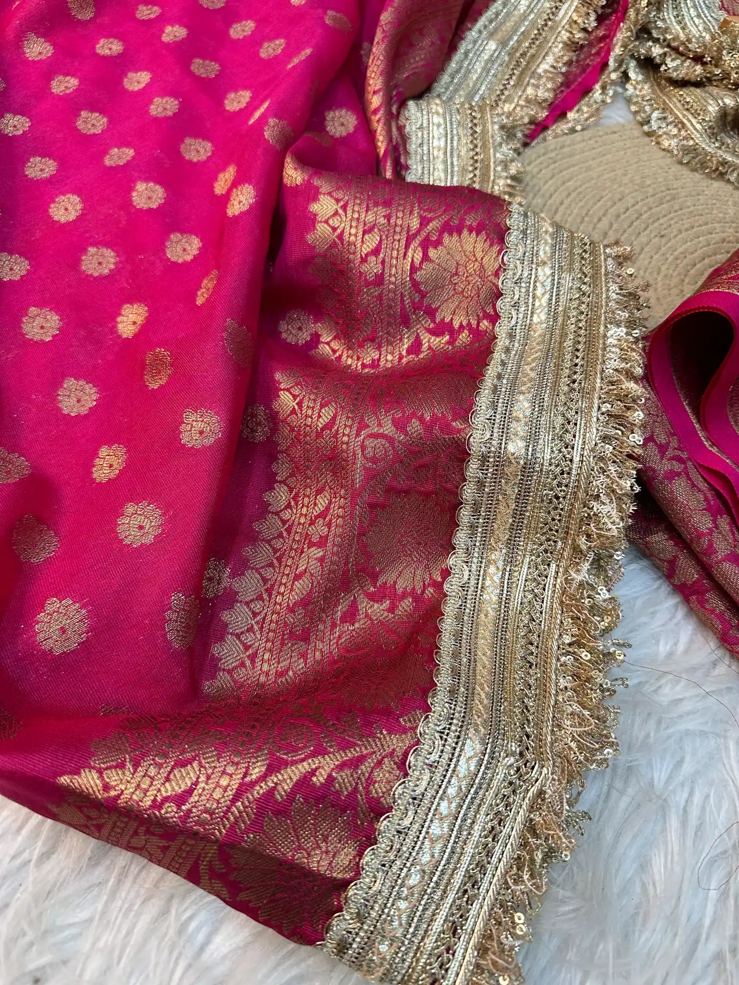 Rani Pink Georgette Silk Lace Work Banarasi Saree