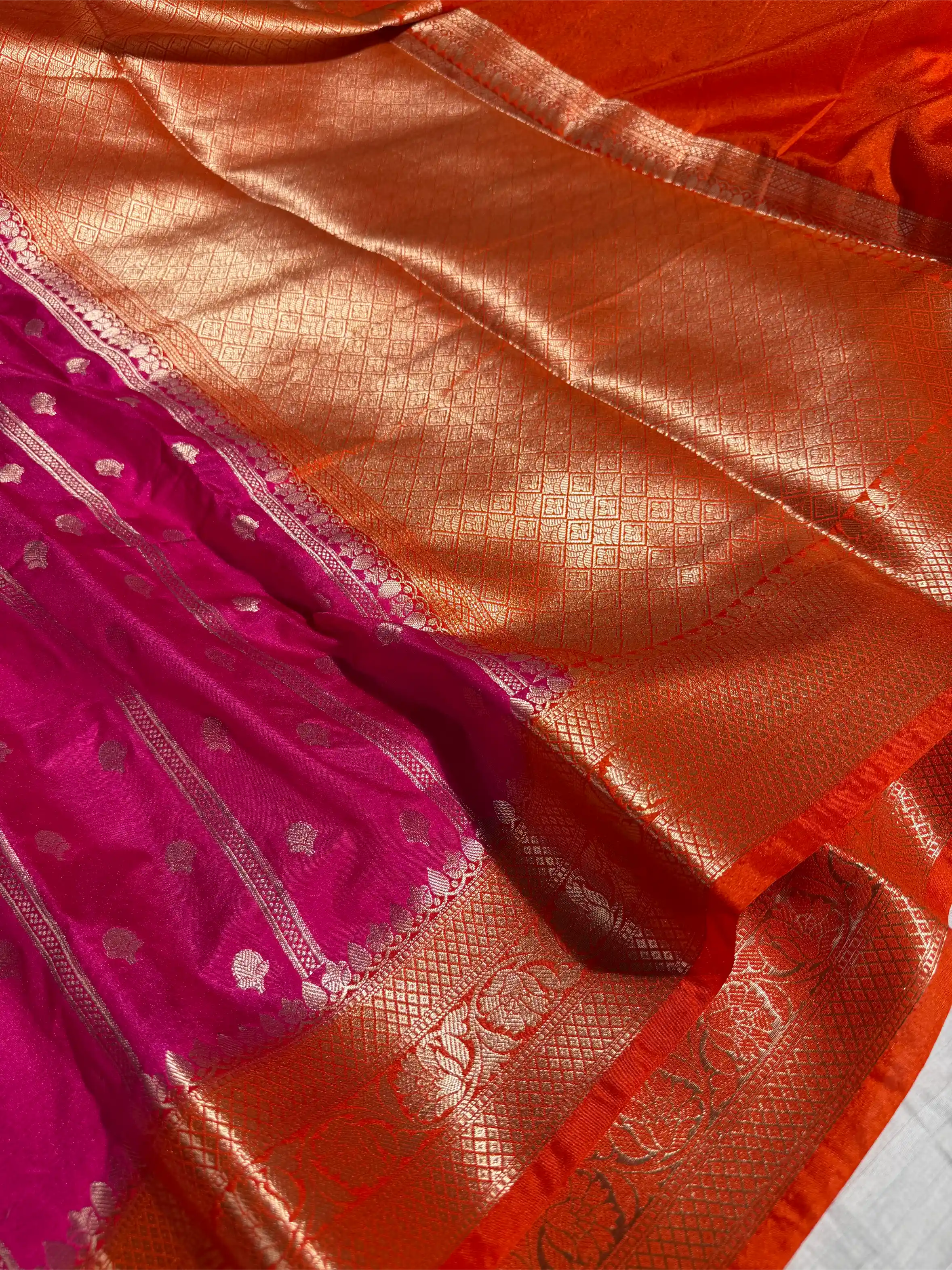 Rani Pink with Contrast Orange Borders Chinia Silk Banarasi Saree