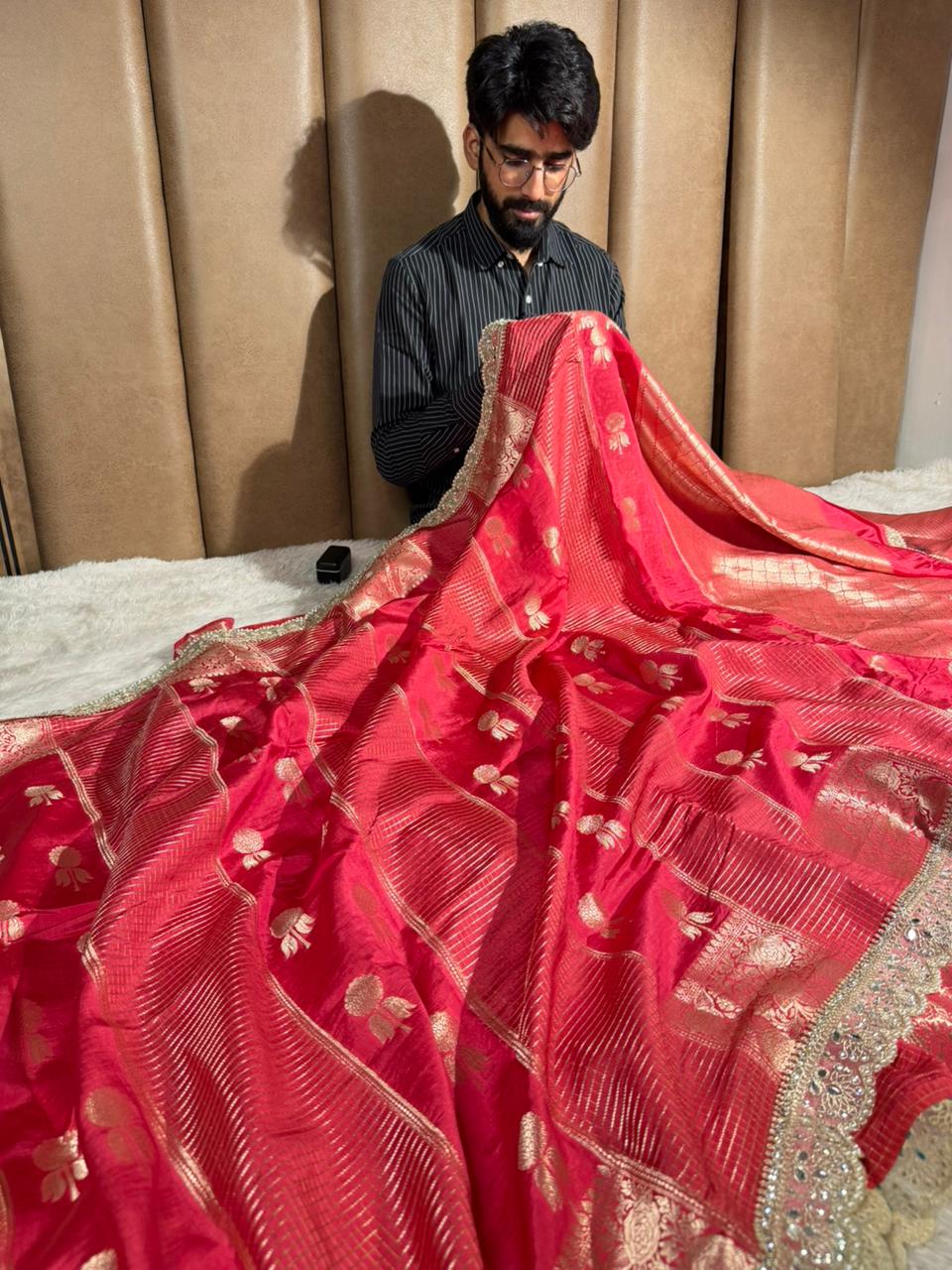 Rani Premium Dupion Silk Lace Work Banarasi Saree
