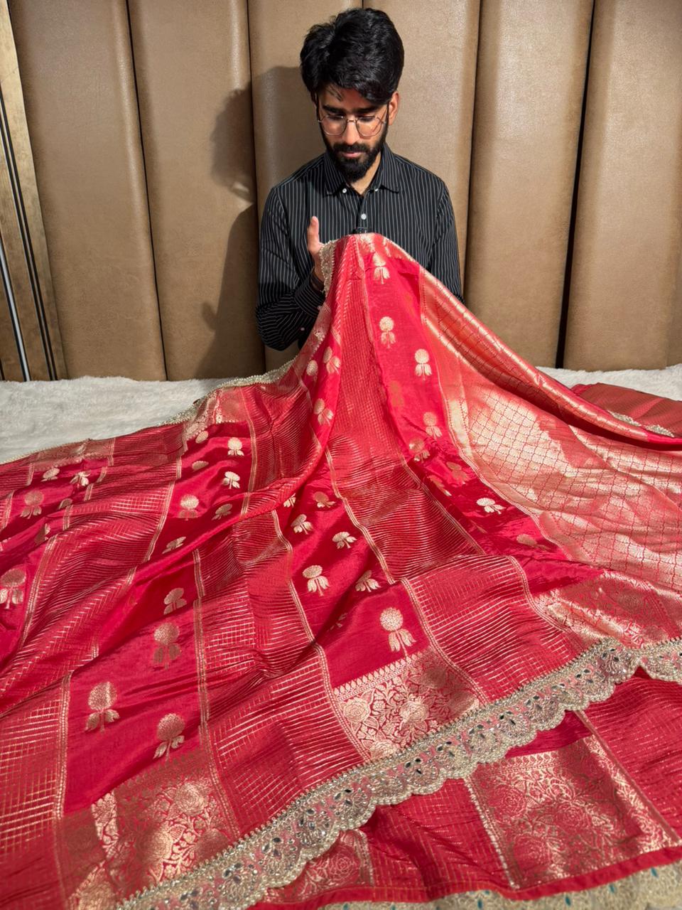 Rani Premium Dupion Silk Lace Work Banarasi Saree
