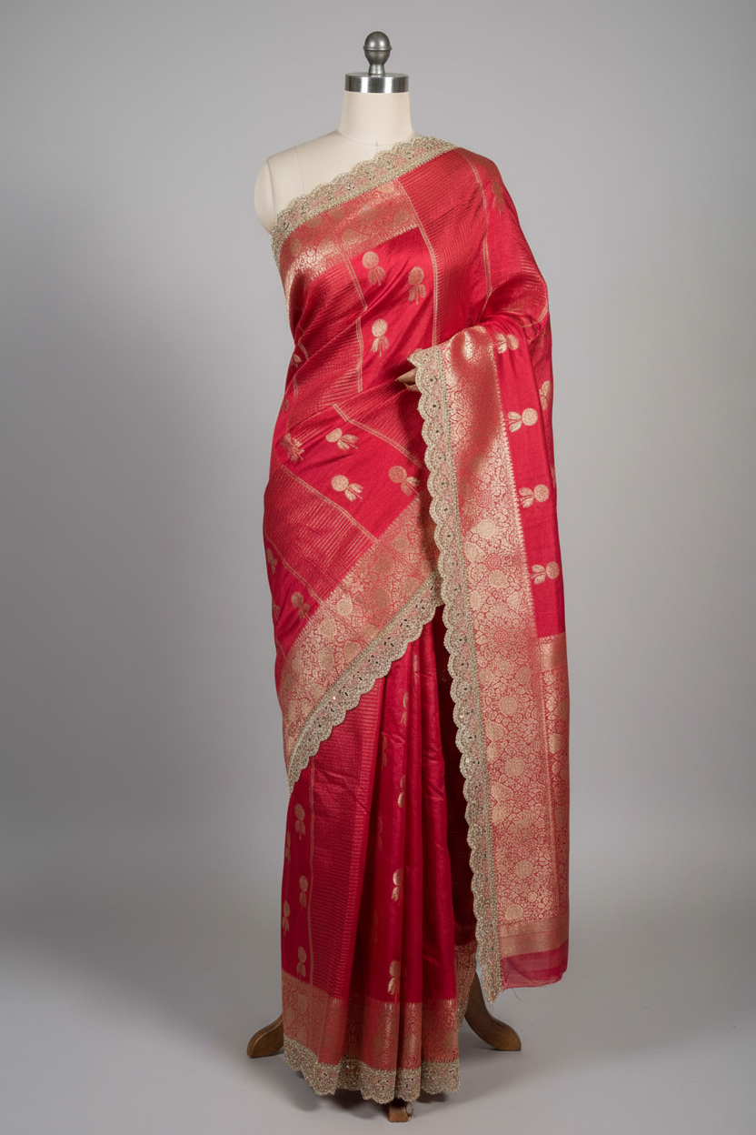 Rani Premium Dupion Silk Lace Work Banarasi Saree