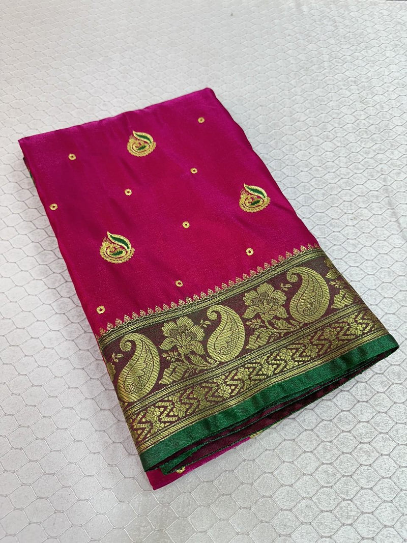 Rani Colour Satin Silk Embroidered saree