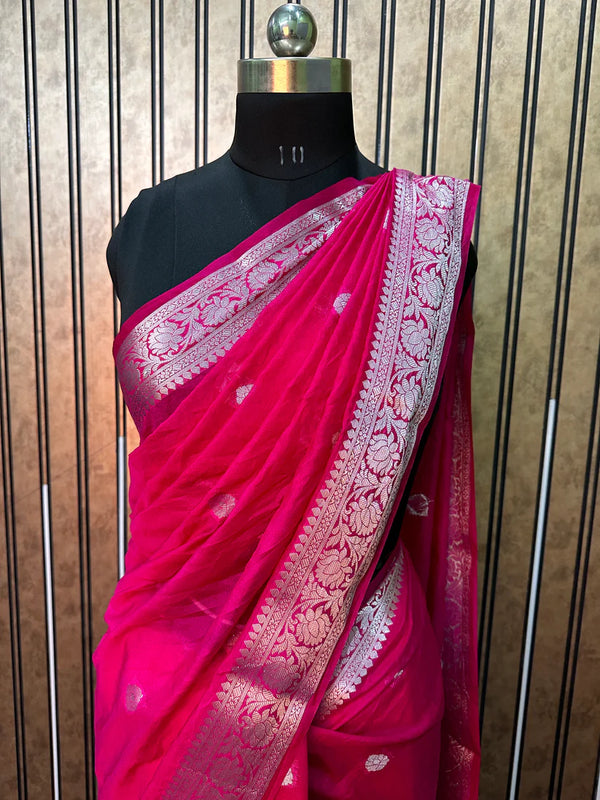 Rani Pink Georgette Khaddi Silver Zari Banarasi Saree