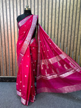 Rani Pink Georgette Khaddi Silver Zari Banarasi Saree