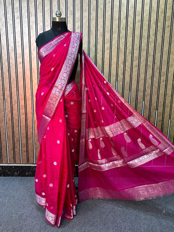 Rani Pink Georgette Khaddi Silver Zari Banarasi Saree