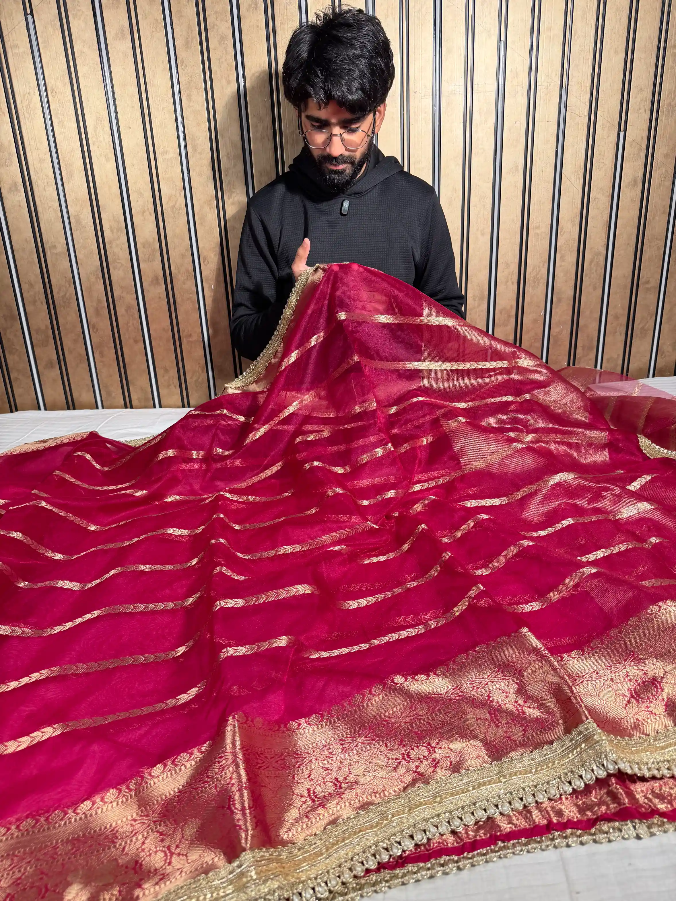 Rani Pink Kora Organza Silk Designer Lace Work Banarasi Saree