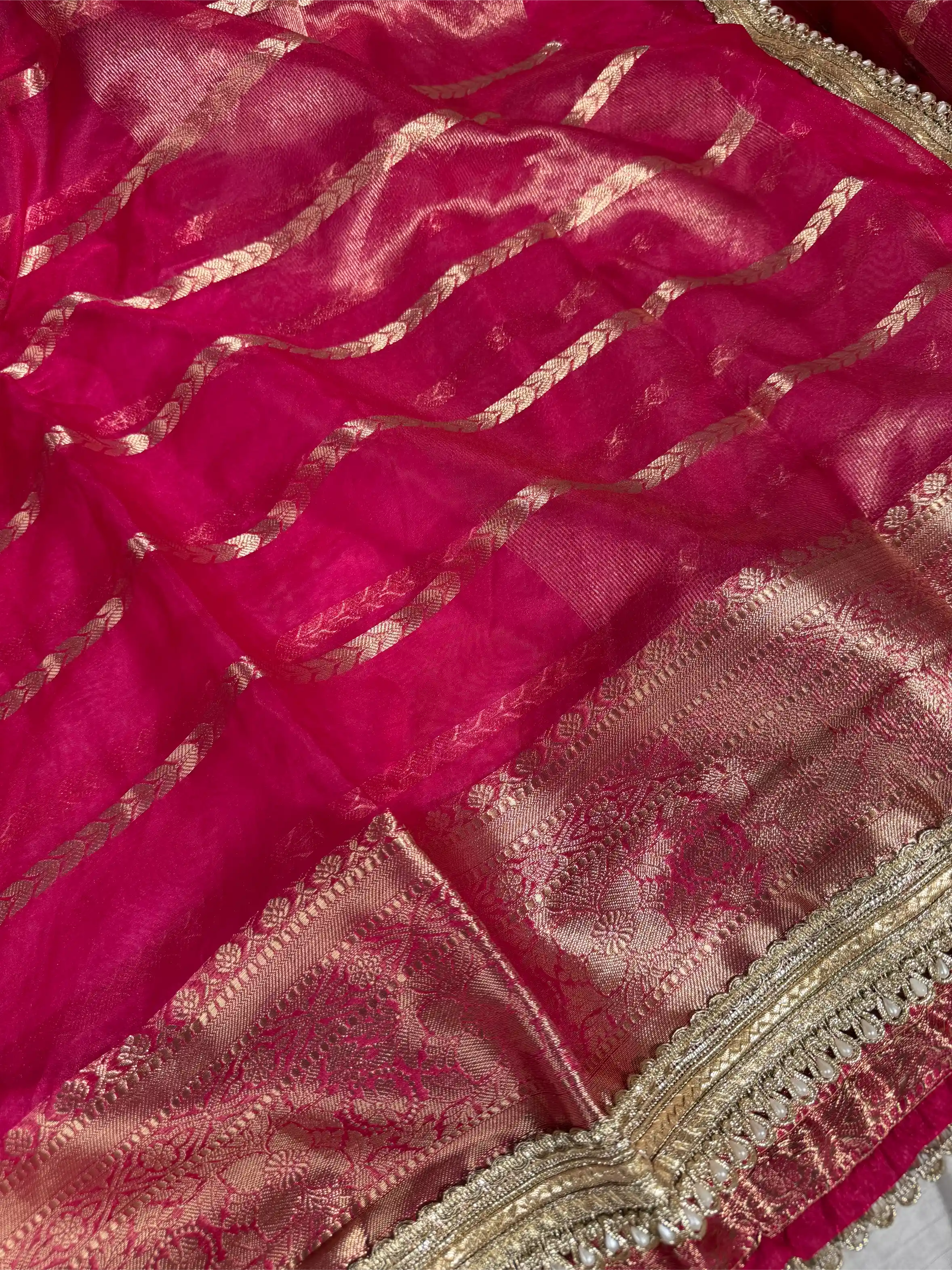 Rani Pink Kora Organza Silk Designer Lace Work Banarasi Saree