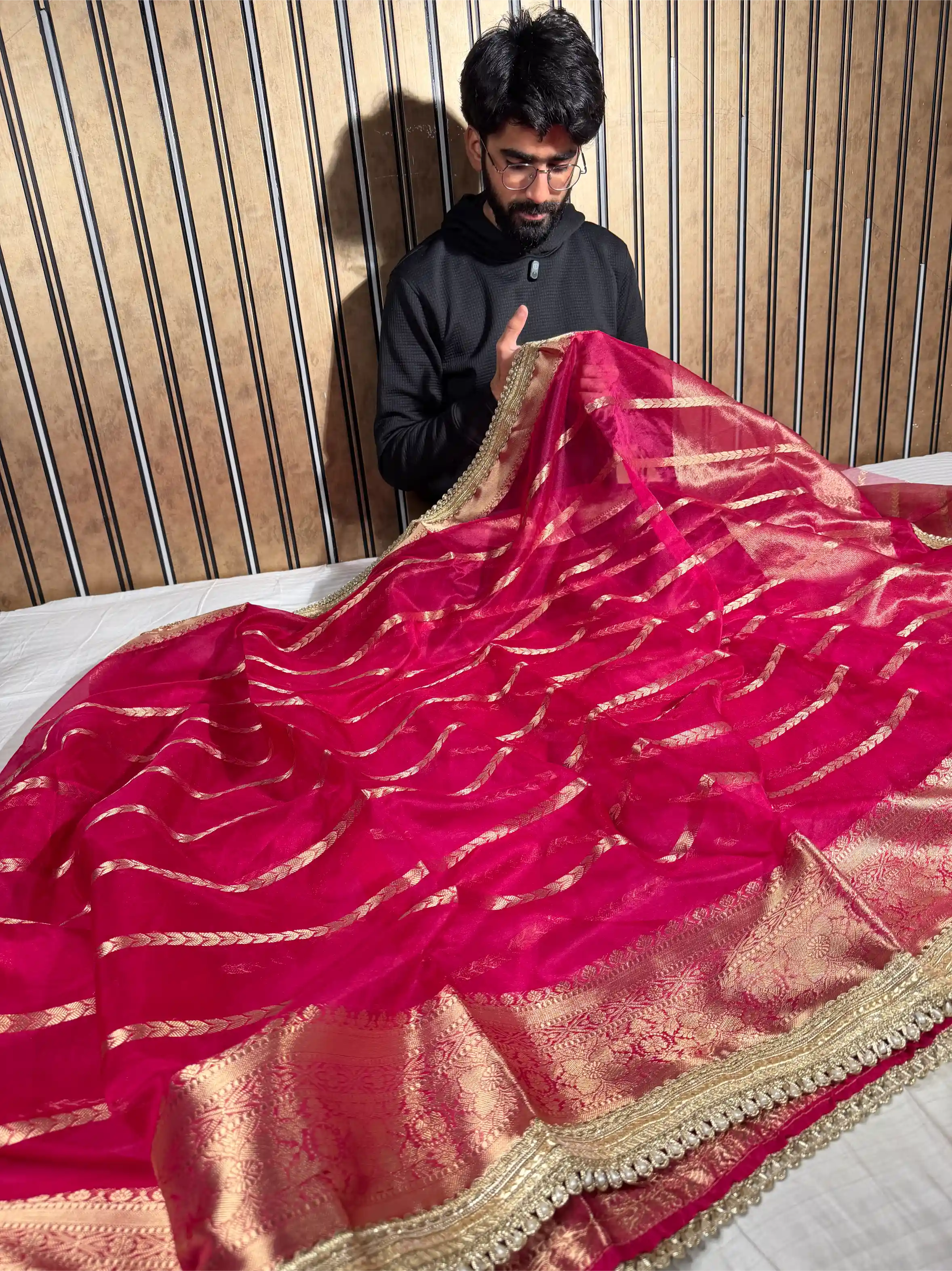 Rani Pink Kora Organza Silk Designer Lace Work Banarasi Saree