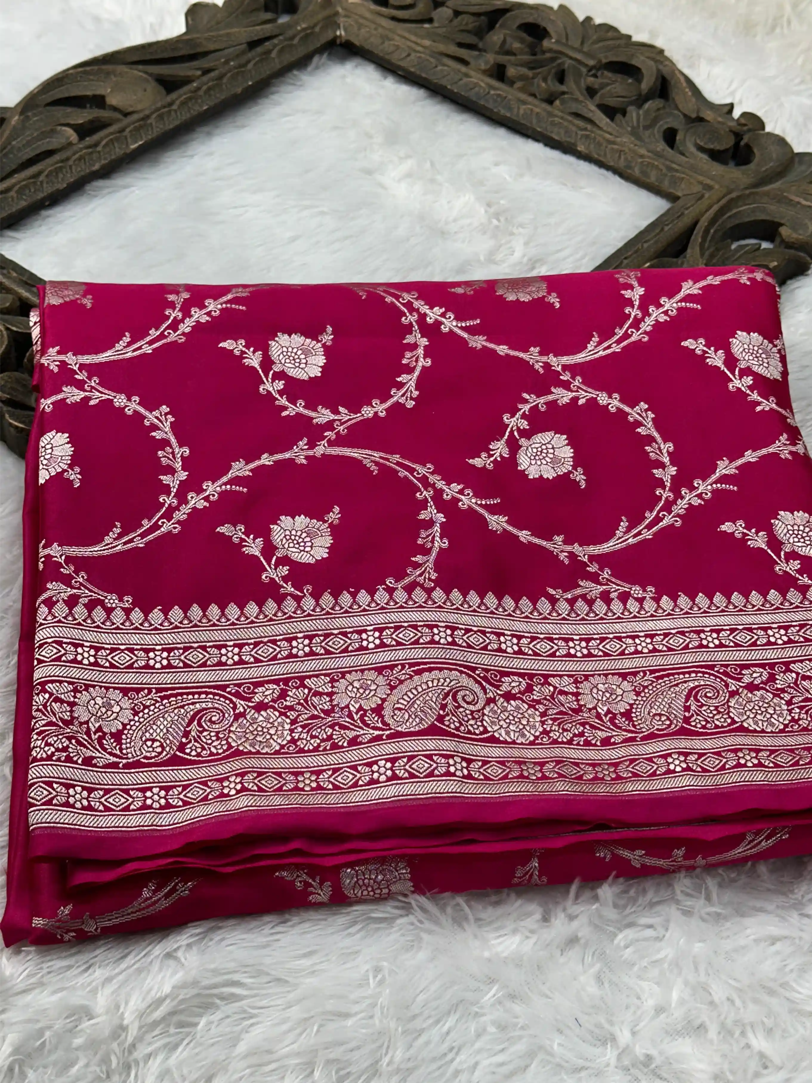 Rani Pink Mashru Katan Floral Intricate Weave Silk Saree