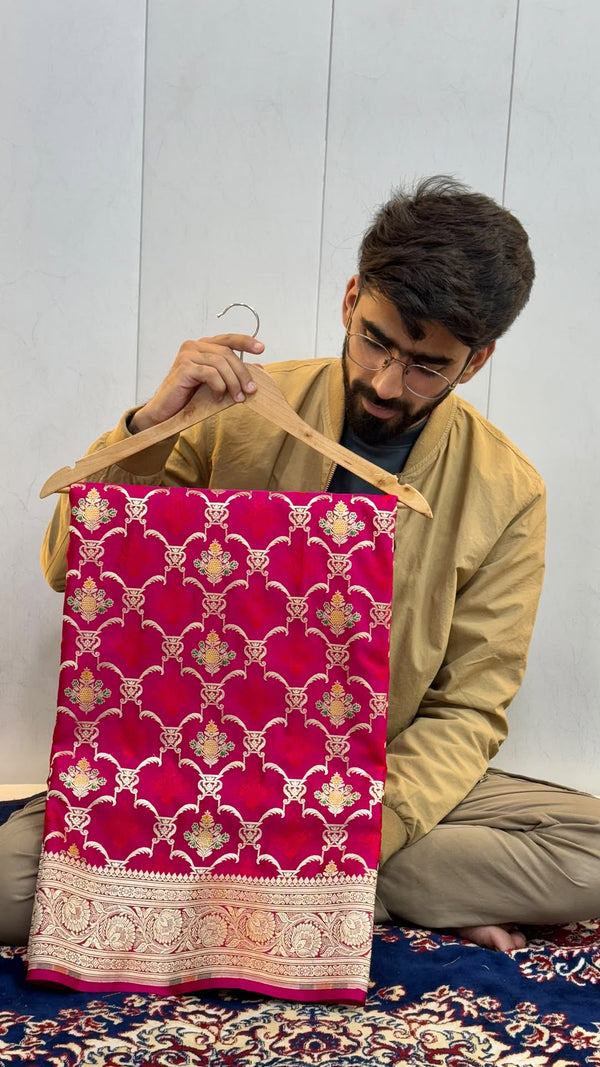 Rani Pink Mashru Katan Silk Meenakari Jangla Banarasi Saree