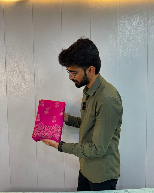 Rani Pink Mysore Crepe Silk Meenakari Buta Banarasi Saree
