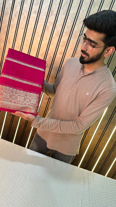 Rani Pink Organza Silk Zari Woven Stripes Banarasi Saree