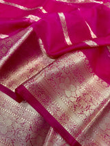 Rani Pink Organza Silk Zari Woven Stripes Banarasi Saree