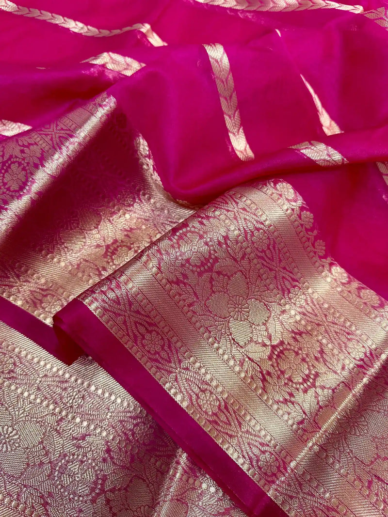 Rani Pink Organza Silk Zari Woven Stripes Banarasi Saree