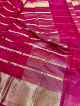 Rani Pink Organza Silk Zari Woven Stripes Banarasi Saree