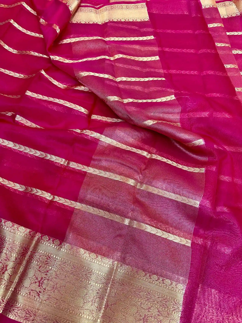 Rani Pink Organza Silk Zari Woven Stripes Banarasi Saree