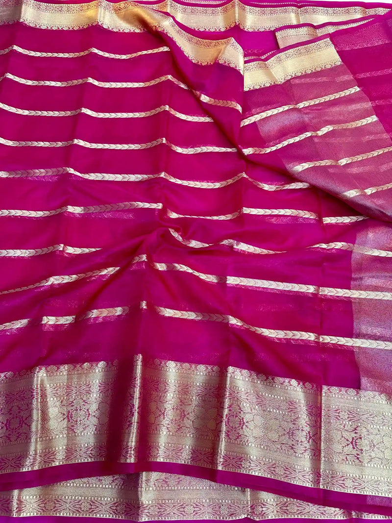 Rani Pink Organza Silk Zari Woven Stripes Banarasi Saree