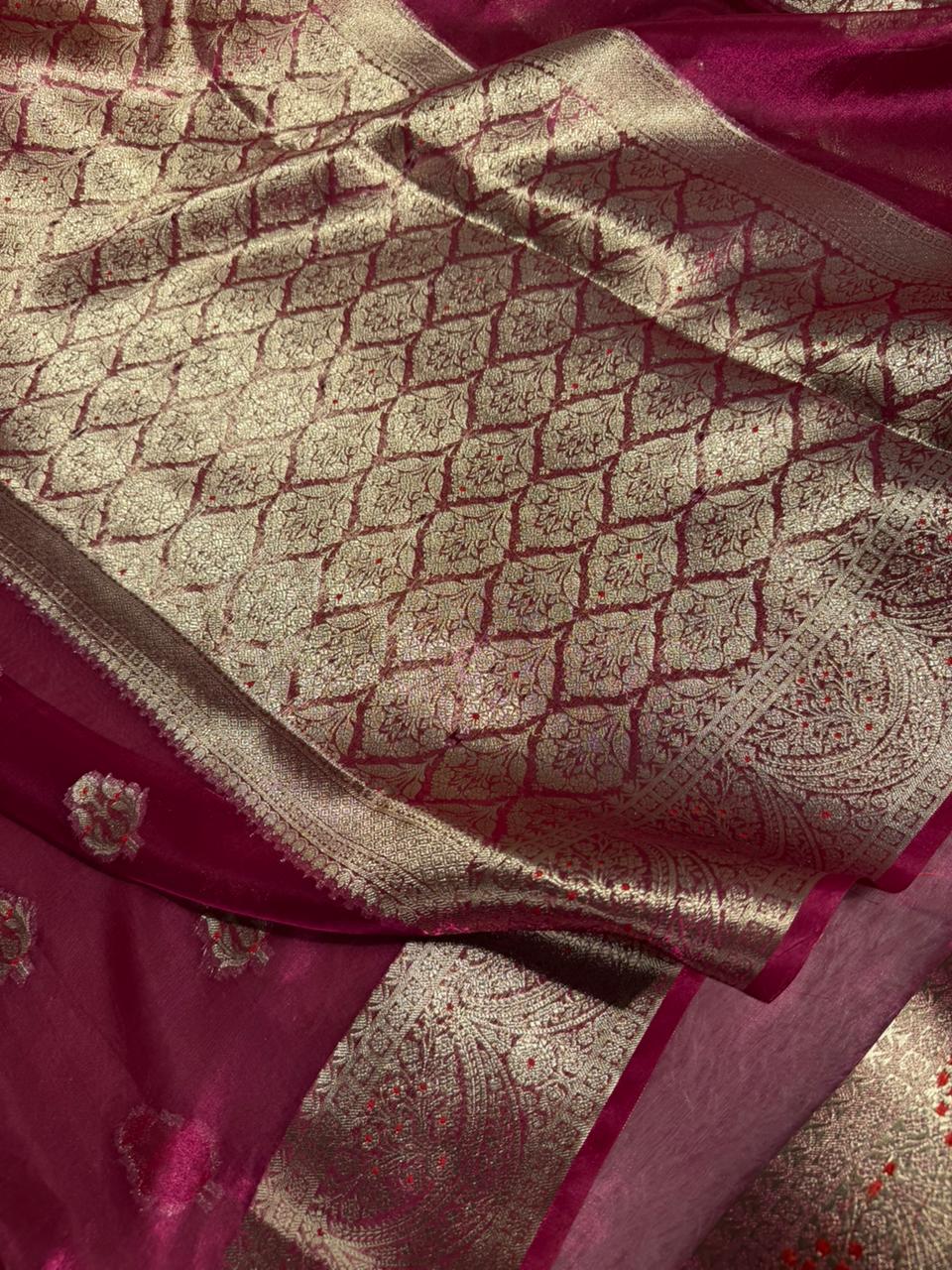 Rani Pink Pure Tissue silk Meenakari Banarasi Saree