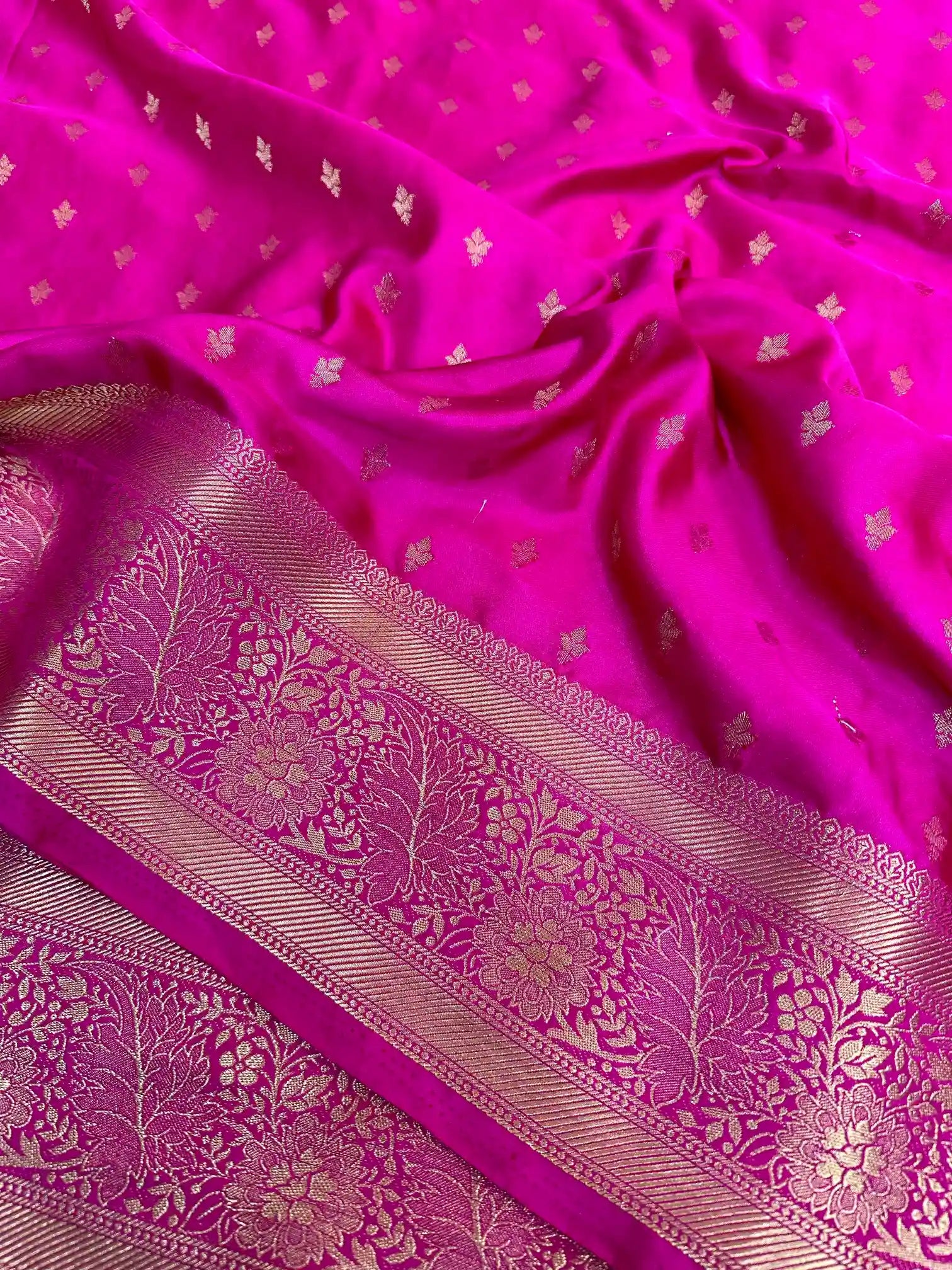 Rani Pink Satin Crepe Silk Zari Motifs Banarasi Saree