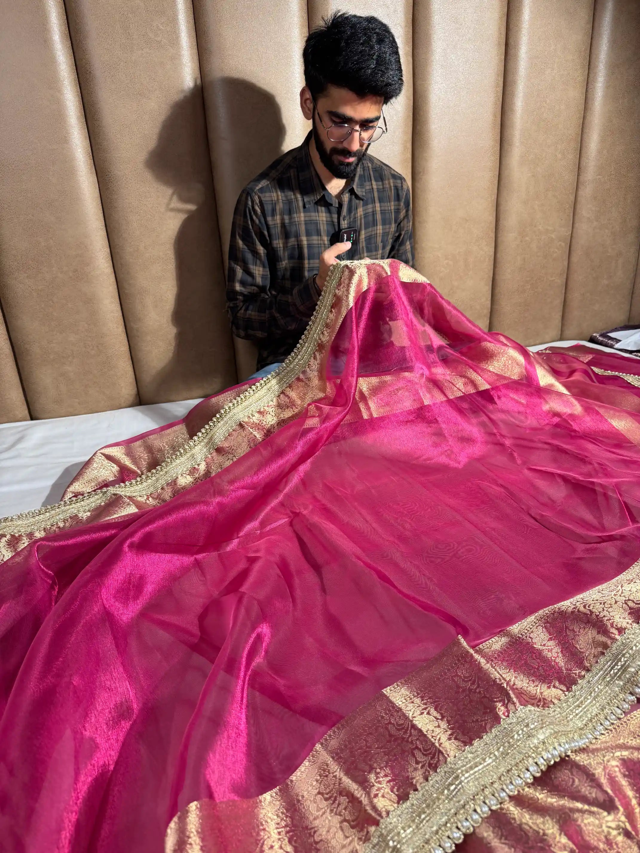 Rani Pink Tissue Silk Designer Lace Work Banarasi Saree