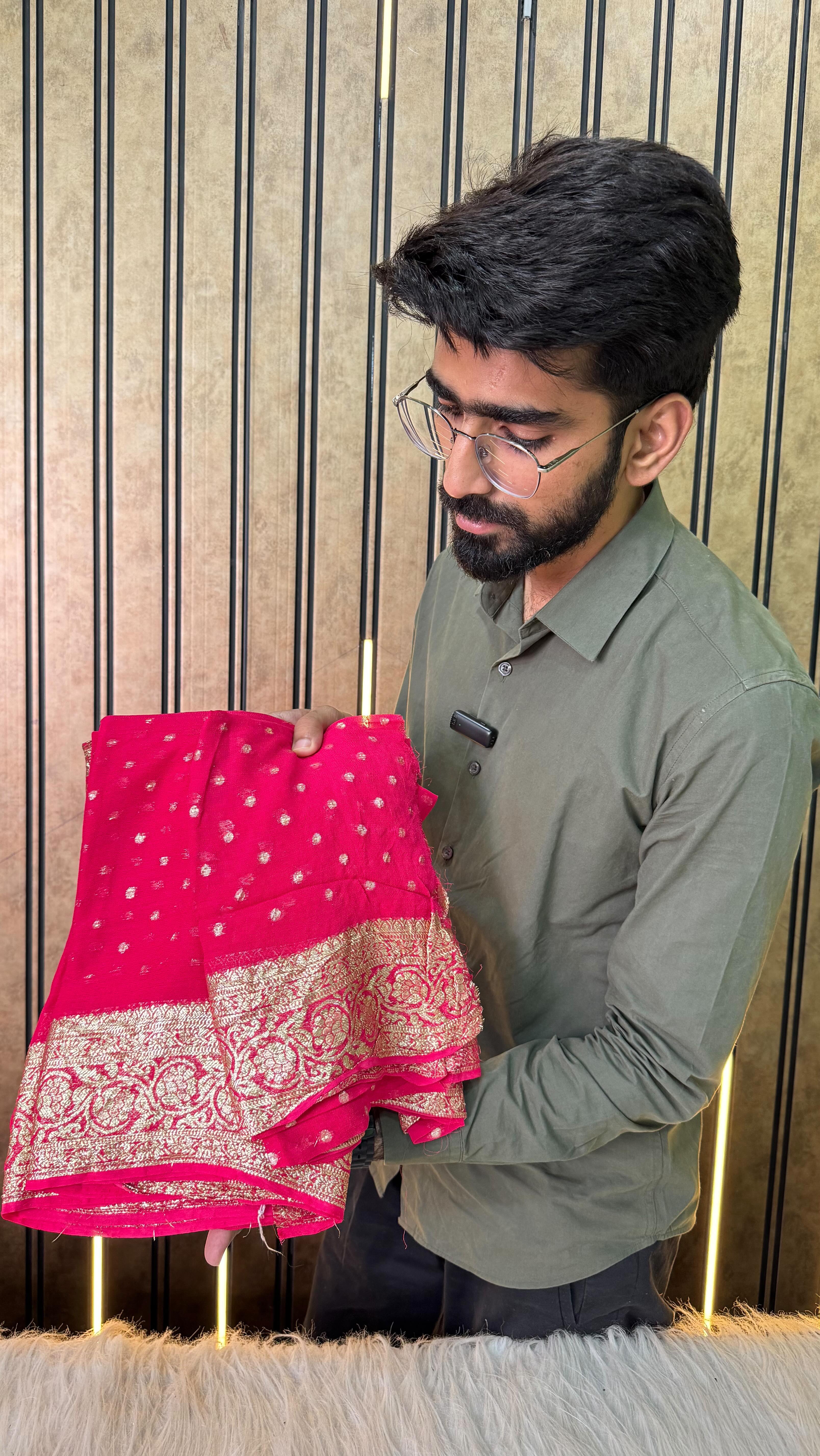 Rani Pink Viscose Georgette Zari Buti Banarasi Saree