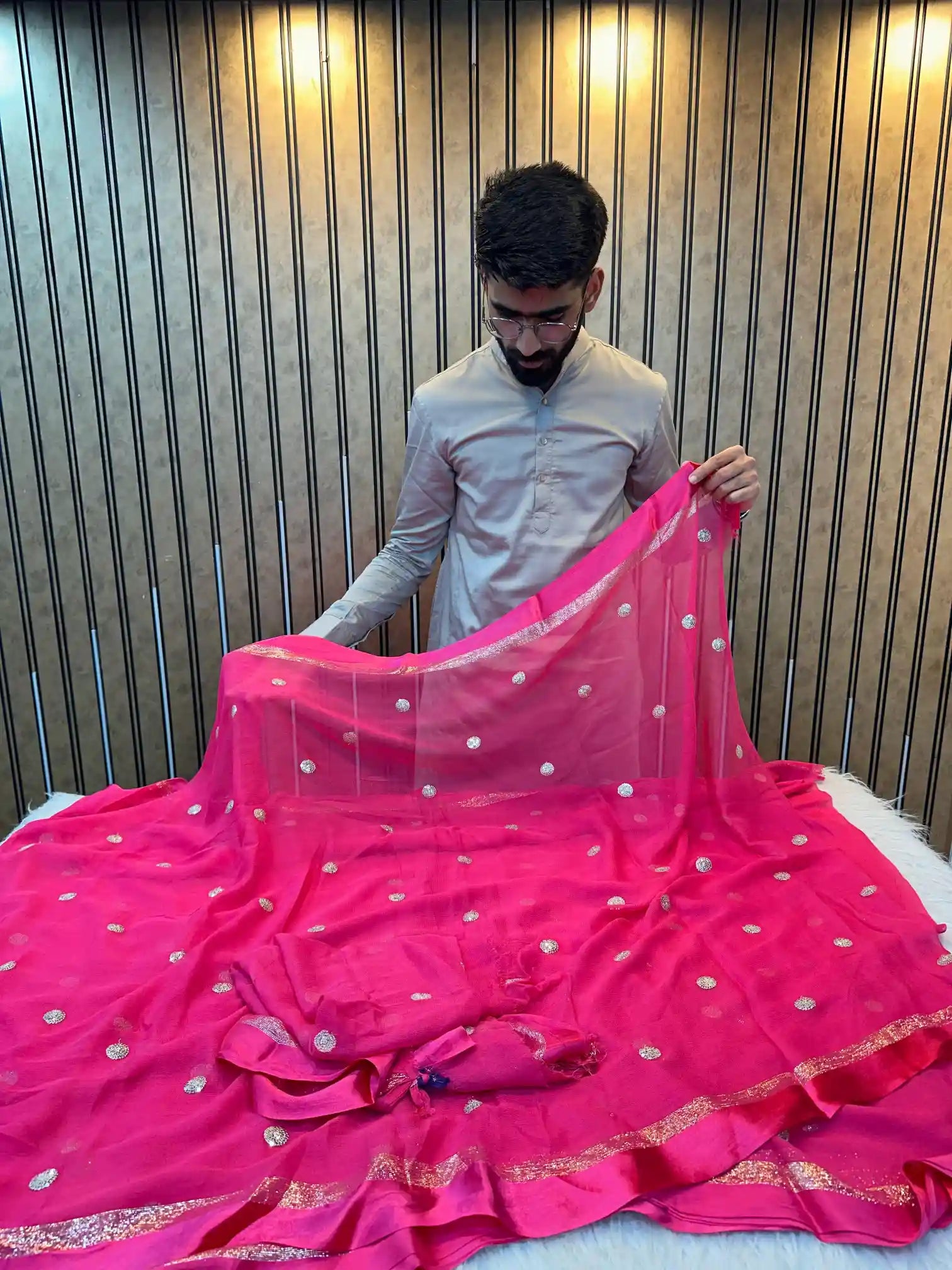 Rani Pink Viscose Satin Silk Sequins Buti Work Saree