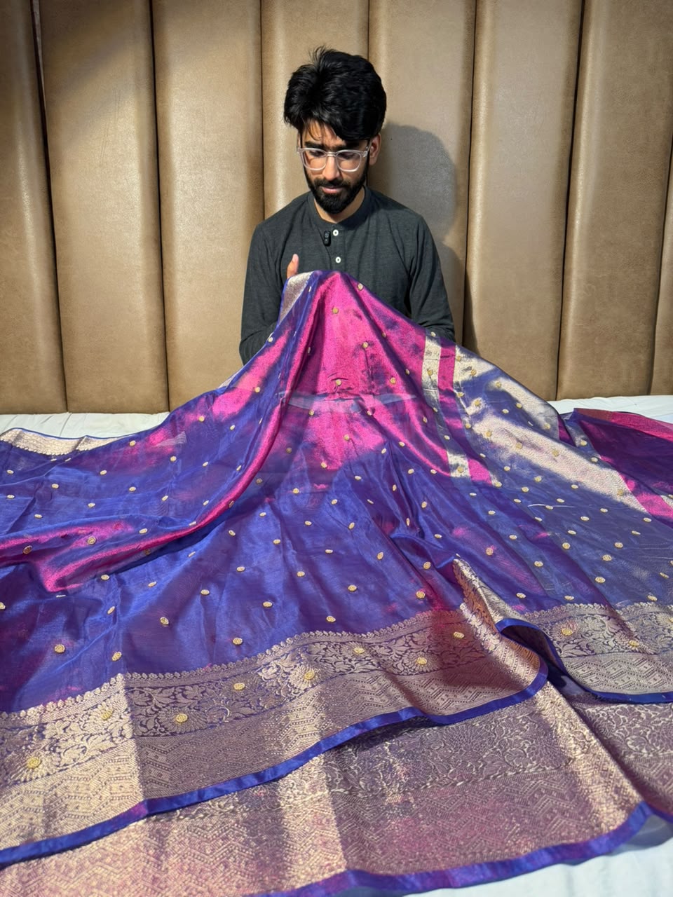 Rare Baigani Kora Tissue Handwork Motifs Saree