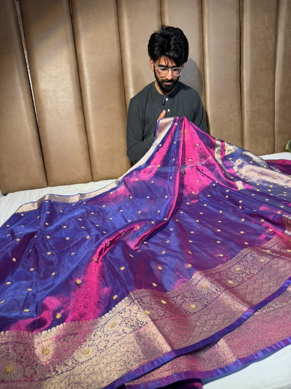 Rare Baigani Kora Tissue Handwork Motifs Saree