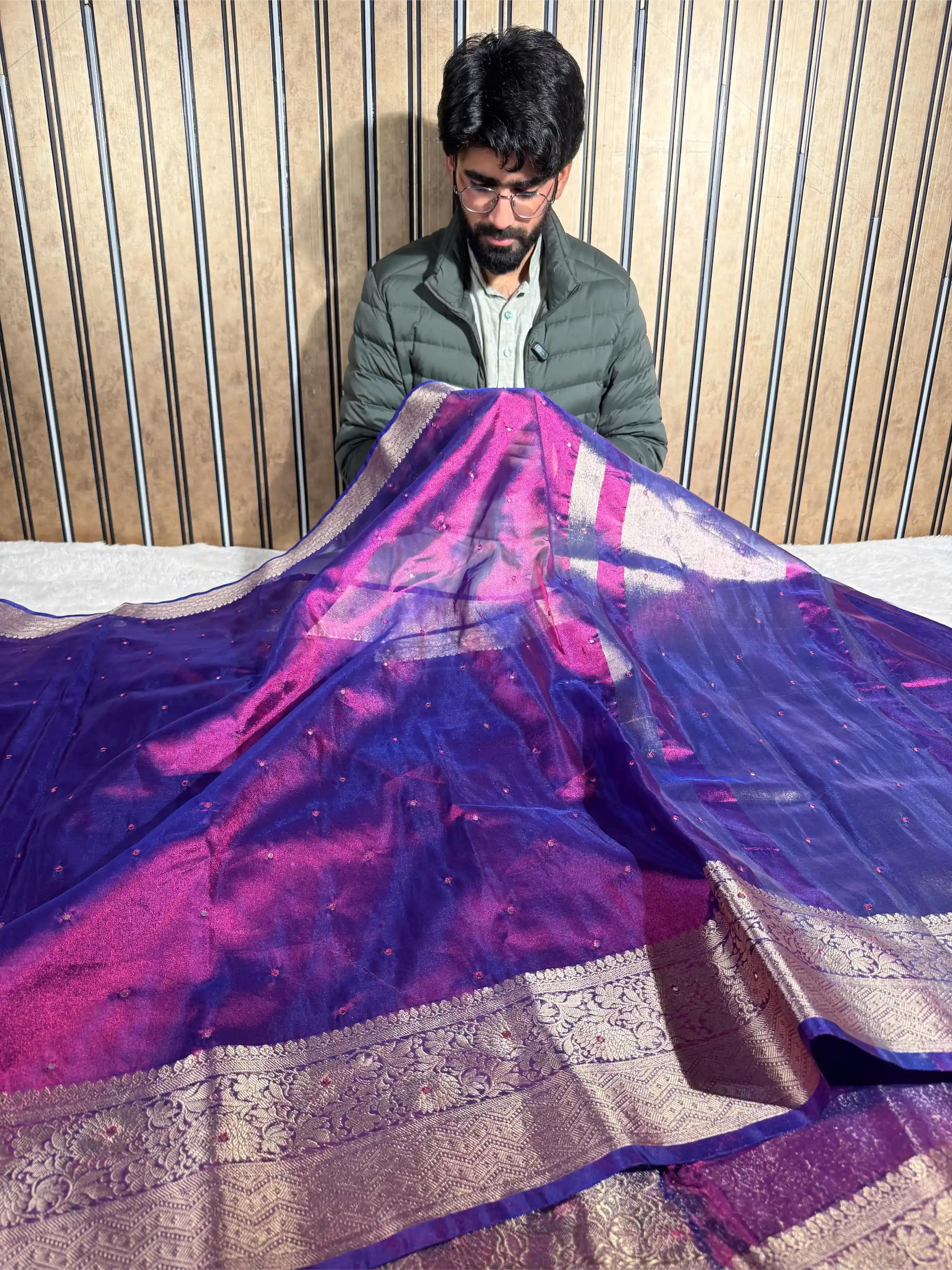 Rare Baigani Kora Tissue Silk Mirror Work Banarasi Saree