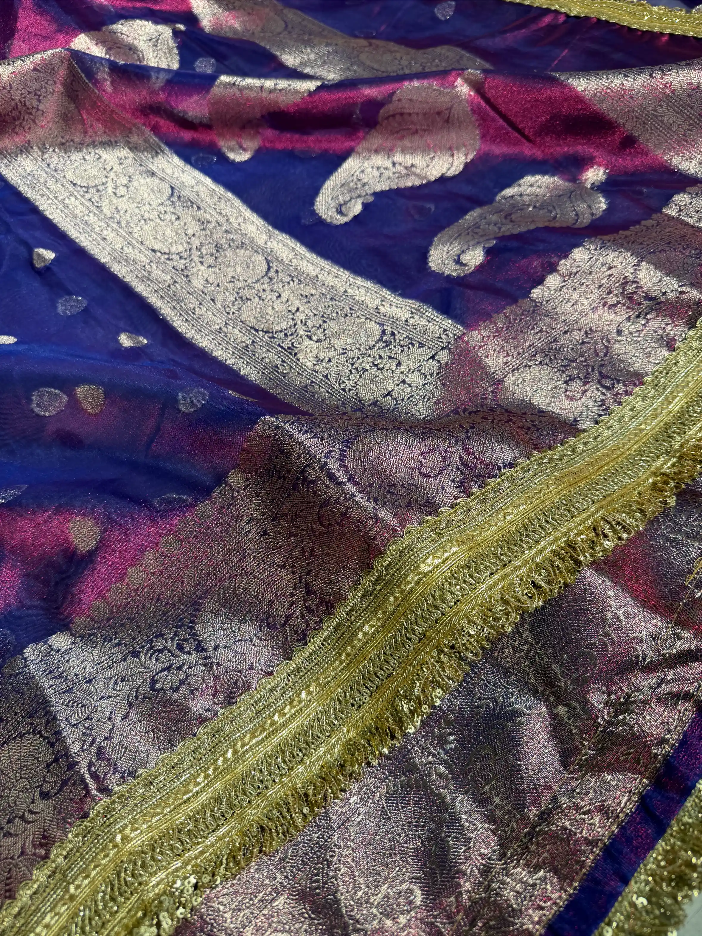 Rare Baigani Soft Tissue Silk Designer Banarasi Saree