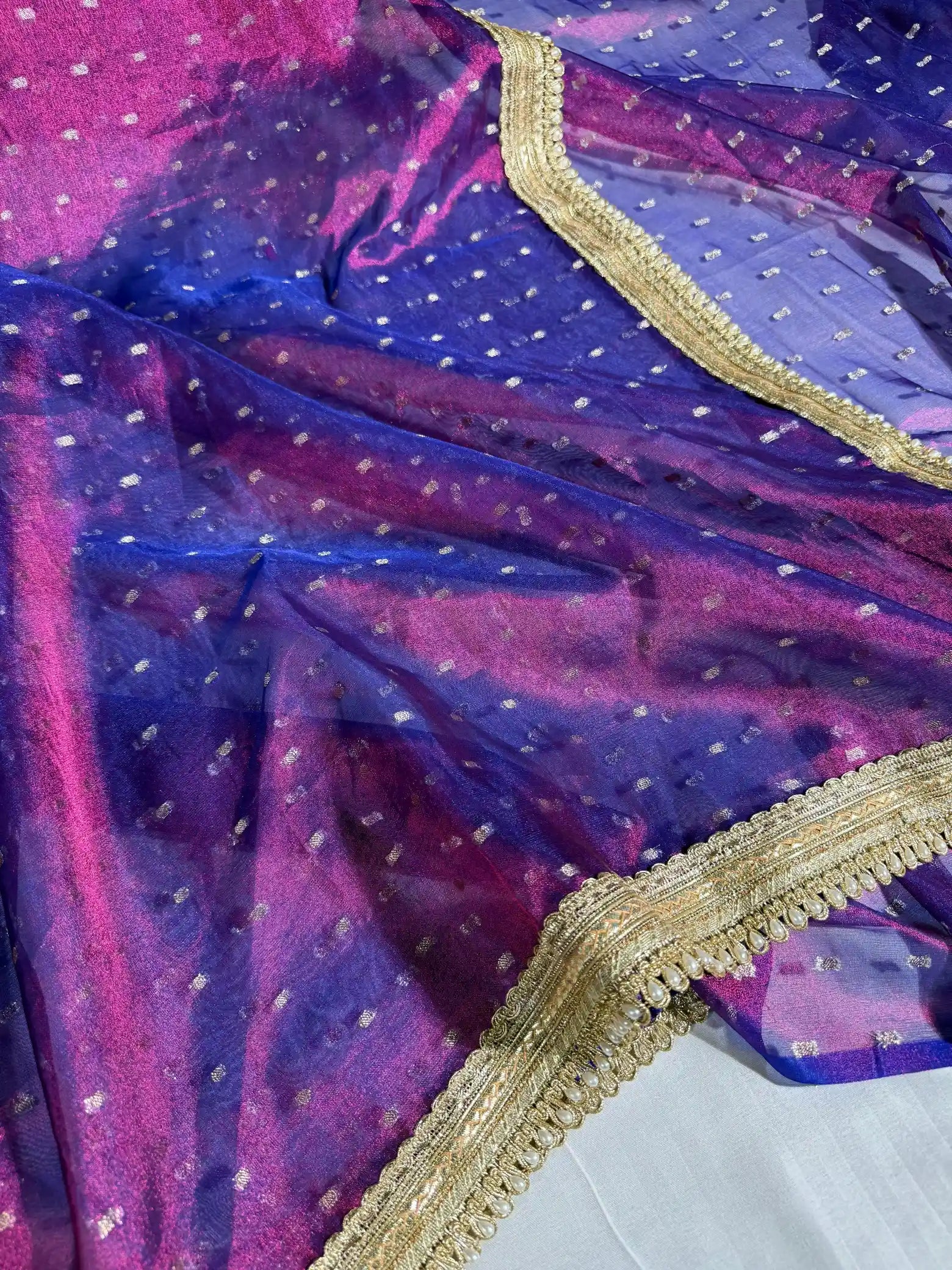 Rare Baigani Tissue Silk Designer Lace Work Banarasi Saree